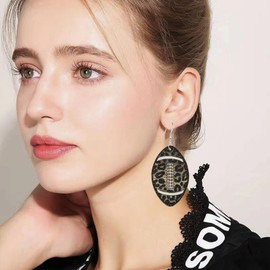 QIAOLEHUI Wood Sports Ball Earring Football Rugby Dangle Drop Earring for Women Sports Lover Jewelry (Oval)