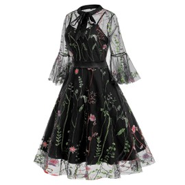 Tie Neck 2 Piece Dress Floral Embroidery Dress for Women Flower Embroidery Prom Dress 3/4 Bell Sleeve Tulle Embroidered Dress Wedding Guest Mesh Sheer Illusion Dress Short Formal Dress Black-Floral S