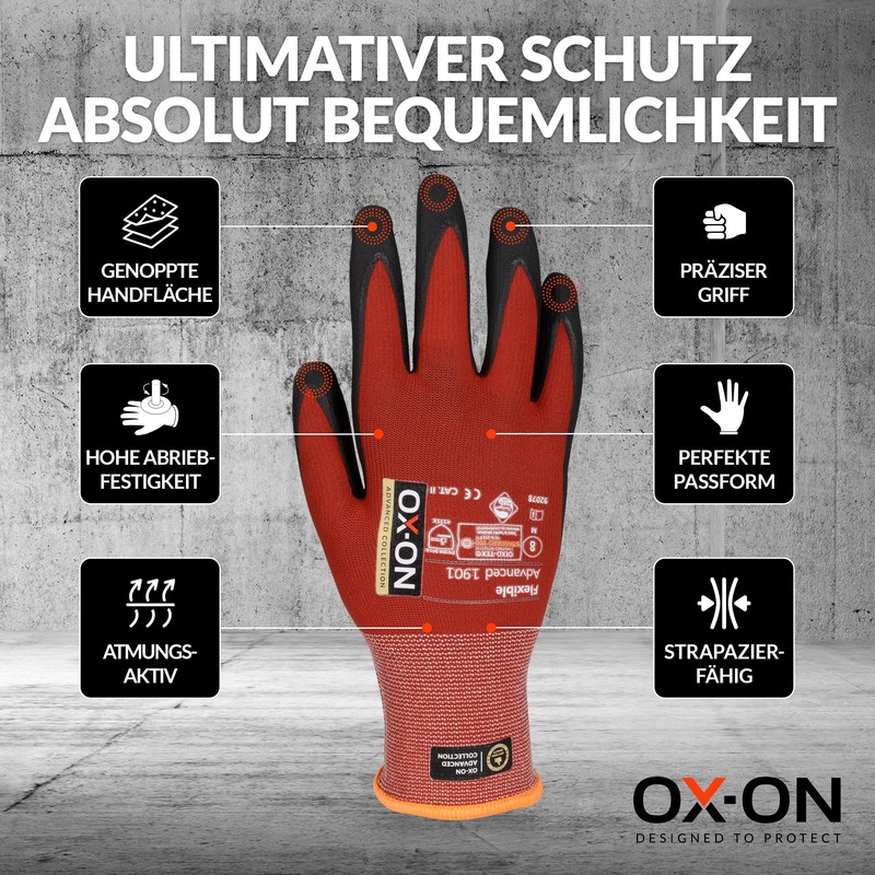 OX-ON Flexible Advanced 1901 Red Work Gloves, Extremely Durable Safety