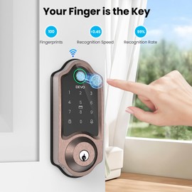 DEVO G8 Smart Lock with Handle Set, 6-in-1 Fingerprint Keyless Entry Door Lock with Built-in Wi-Fi, APP Remote, Auto-Lock, Perfect for Front Doors Smart Deadbolt, Easy Install, IP54 Waterproof