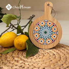 ChicHouse Set of 2 Mini Wooden Kitchen Chopping Boards with Handle Ideal for Small Appetizers, Cheeses, Cold Meats or as Surface Saver and Trivet. (2, Orange Pattern, Round 20.5 x 14.5 x 1 cm)