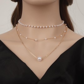 MOTIBACK 3-Piece Layered Pearl Necklace Set for Women - Gold Plated Pearl Choker Necklace, Elegant Layered Jewelry for Wedding, Party & Everyday Wear