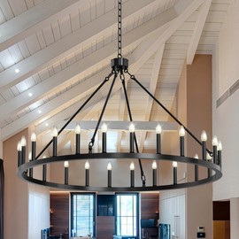 BAOURE Large Wagon Wheel Chandelier, 24-Light Black Wagon Wheel Chandelier Diam 48", Farmhouse Outdoor Wagon Wheels Chandeliers for High Ceiling