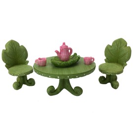 GlitZGlam Miniature Fairy Garden Furniture Set: Leaf Bistro Set with Tea Set for Fairies and Garden Gnomes