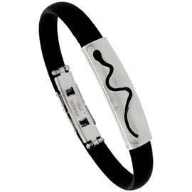 Sabrina Silver Stainless Steel Snake Bracelet for Men Black Rubber Accent, 3/8 inch Wide, 8 inch Long