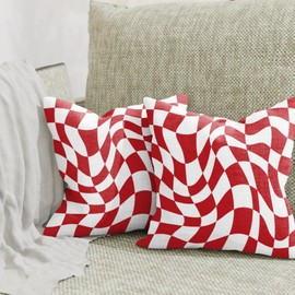ggaimwf Checkered Cushion Covers Red 40x40cm Set of 2 Wavy Checker Pattern Distorted Checkerboard Graphic Modern Cushions Linen Sofa Pillow Covers Living Room Bedroom Outdoor Pillowcase