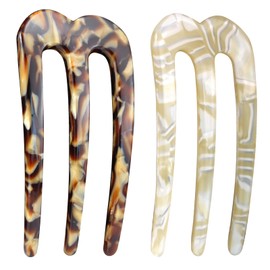 ENNSOO Hair Clips, Three-Tooth U-Shaped French Pin, Resin Hair Fork for Women, French Pins for Thick Hair, Hair Accessories Gifts for Girls, 2 Pcs, Beige, Coffee