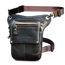 Le'aokuu Mens Womens Leather Tactical Motorcycle Outdoor Travel Waist Pack Drop Leg Thigh Hip Bum Bag With Strap 211-4 (Gray)