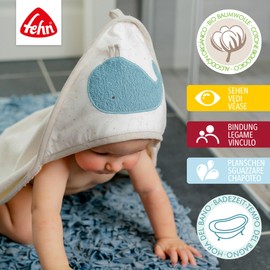 Fehn Baby Whale Bath Towel & Wash Mitt Bath Set - Hooded Towel with Cute Whale for Babies and Toddlers from 0+ Months - Children's Poncho with Organic Cotton