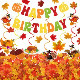 Thanksgiving Birthday Party Decorations, Thanksgiving Happy Birthday Banner Fall Pumpkin Birthday Banner and Thanksgiving Hanging Swirls Maple Leaves for Fall Thanksgiving Birthday Party Supplies
