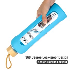 NIDOOT Water Bottle With Time Marker, Motivational Water Bottles, 1L Large Leak Proof BPA Free Water Bottle With Time Reminder, 32oz Glass Water Bottles With Silicone Sleeve and Bamboo Lid (Blue)