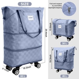 WOOMADA Rolling Duffel Bag with Wheels, Detachable Rolling Carry-On Luggage, Expandable Foldable Large Suitcase for Travel, Business, Camping, Gift for Parents, Spouse(lightblue Checkerboard)