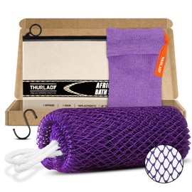 THURLADY African Net Bath Sponge, Exfoliating Body Back Scrubber for Shower, Exfoliating Washcloth, Gentle Exfoliation for All Skin Types, Includes 1 Soap Saver Bag & 1 Travel Pouch (Purple)