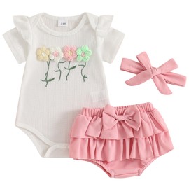 Mubineo Baby Girl Clothes Summer Outfits Cute Flower Romper Ruffle Skirt Shorts Skort Newborn Outfit Bodysuit Sets (White Pink, 0-3 Months)