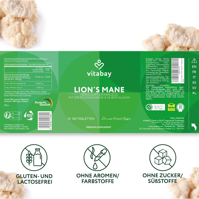 Vitabay Lions Mane Mushroom 60,000mg - 180 Lion's Mane Mushroom