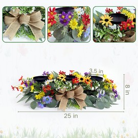 3-Pillar Black Metal Candle Holder with Silk Colorful Flowers, Spring Floral Centerpiece for Table Mantel Weddings Home Decor(Blue)