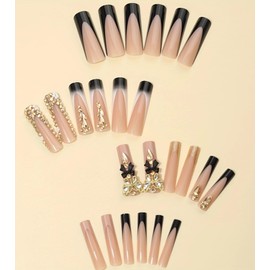 Aegenacess Press on Nails Square - Extra Long Fake Nails with 3D Rhinestones Butterfly, Black French Tips False Nail, Stick On Nails for Women, 12 Sizes - 24 Nail Kit, Midnight Mirage