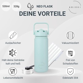Abjoki Stainless Steel Drinking Bottle "Neo" 530 ml - Moonlight Jade - Double-Walled & Vacuum Insulated - Thermal Flask - BPA-Free Leak-Proof - Plus Two-in-One Lid with Straw and Drinking Opening
