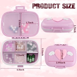 3 paquetes de organizador de pastillas de viaje con corazón de ángel rosa, 8 compartimentos, estuche pequeño para pastillas, bonito contenedor portátil para pastillas, contenedor diario para monedero de bolsillo