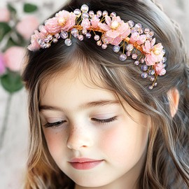 Formery Pink Flowers Headband Gold Wedding Crystal Floral Girl Hairband Beads Pearl Princess Hair Accessories for Girls