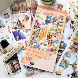 Snycler Coffee Corner Series Sticker Book - 20 Sheets Vintage PET Stickers for Scrapbooking, Junk Journaling, Ephemera, and Decorative Crafts - Pre-Cut Coffee Theme Stickers