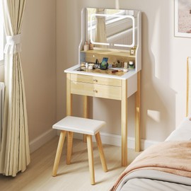 CHARMAID Small Vanity Desk with Mirror and Lights, Glass Tabletop Makeup Vanity Table with Charging Station, 2 Drawers, 3 Lighting Modes, Compact Dressing Table with Stool for Small Space Bedroom