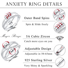 Cangall Silver Anxiety Rings, 2 Pieces 925 Sterling Silver Women's Anxiety Rings Set, Open Adjustable Anti-Stress Ring, Unisex Infinity Silver Spinner Fidget Rings, Decompression Rings with 6/7 Beads,