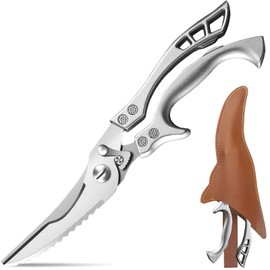 Zicolu Poultry Shears Heavy Duty Professional, Multipurpose Kitchen Shears with Sheath, Spring-Loaded Stainless Steel Chef Scissors Cutting Bone, Chicken, Fish, Food, Meat, Full Steel Handle Silver