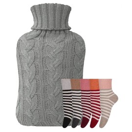 2L Hot Water Bottle with Cover UK & 5 Pairs of Warm Comfy Wool Socks - Natural Rubber 2 Litre Hot Water Bottle Inc x5 Pairs Ladies Winter Socks Size UK 4-7 (Cream Bottle with Grey Cover) (0060)