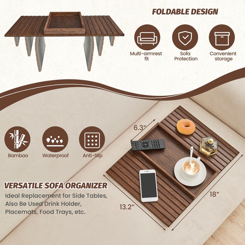 GEHE Bamboo Sofa Arm Tray, Foldable Couch Arm Tray Side