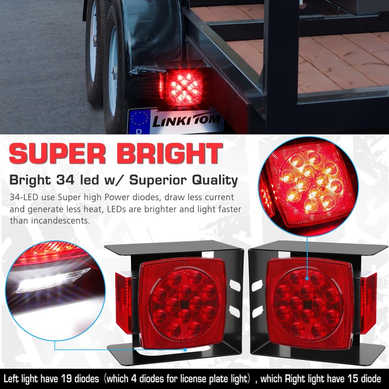 LINKITOM 12V Submersible Square Led Trailer Light w/Steel Mounting Boxes