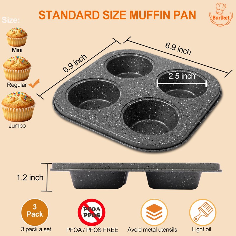 Barlket 4-Cup Muffin Pan, Total 12 Cups Muffin Tin Nonstick