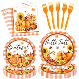 96Pcs Plaid Thanksgiving Plates and Napkins Sets, Pumpkin Sunflower Fall Decor, Disposable Autumn Maple Leaf Paper Tableware for Fall Harvest Party Thanksgiving Decorations, Serves 24