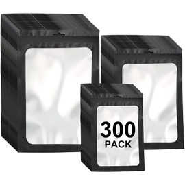 300 Pack 3 Sizes Resealable Mylar Bags Food Storage Smell Proof Bags with Front Window Packaging Pouch for Sample Snack Cookies Jewelry (Black, 3 x 4.7 inch,4 x 6 inch,4.7 x 7.9 inch)