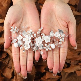 Edary Flower Bridal Wedding Hair Wreath Silver Beads Headpiece Beads Headband Bridal Leaf Hair Accessories for Women and Girls