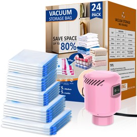 24 Pack Vacuum Storage Bags with Electric Pump, Space Saver Bags (5 Jumbo, 5 Large, 5 Medium, 5 Small, 4 Roll Up Bags) Travel Vacuum Bags Vacuum Seal Bags for Clothes, Bedding,Blankets,Duvets, Pillows