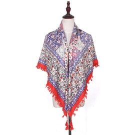 Scarf for Women - 45" Large Square Bohemian Floral Shawl Wraps Blanket Lightweight Scarves for Ladies Tassel Head Scarf Red