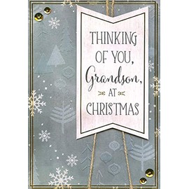 Designer Greetings Evergreen Trees and Sparkling Snowflakes on Muted Green : 3D Banner : Brown String : Sequins Keepsake Hand Decorated Grandson Christmas Card