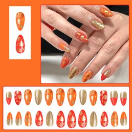 Fall Maple Leaf Short Almond Press on Nails Thanksgiving Glitter Fake Nails with Gold Foil Maple Leaf Designs Glossy Autumn Stick on Nails Fall Leaf Full Cover Acrylic Nail Art Kit for Women 24 Pcs