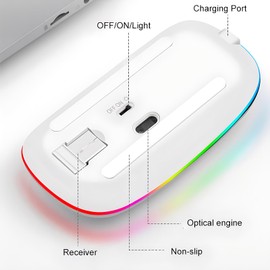 Lancoon Kabellose Maus mit Gaming 2.4G Leise Bunte Lichter Wiederaufladbar Einstellbare DPI Ausdauer Ergonomisches Design Plug and Play für Computer Arbeiten (Silber)