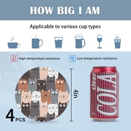 Coasters for Drinks,Cute Cat Gray Cats Absorbent Coaster Set of 4 with Cork Base,Ceramic Drink Coasters for Cold Drinks Wine Glasses Cups Mugs,Housewarming Gifts for Home Decor