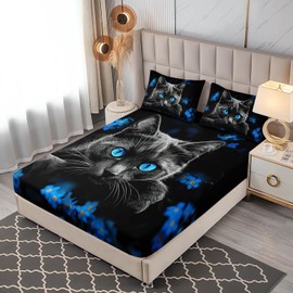 UEVBF Black Cat Fitted Sheet Set Full Size,Animal Themed Cute Bed Fitted Sheets Set for Kids Toddler Girls Boys Room Decor,Blue Floral Bedding Sets,1 Fitted Sheet+2 Pillowcases.