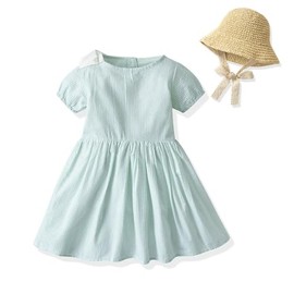Toddler Girls Summer One-Piece Dress Baby Sundress with Straw Hat Princess Long Skirt Playwear Beachwear Dress Clothes Gift (12-18 Months, Stripes-Green)