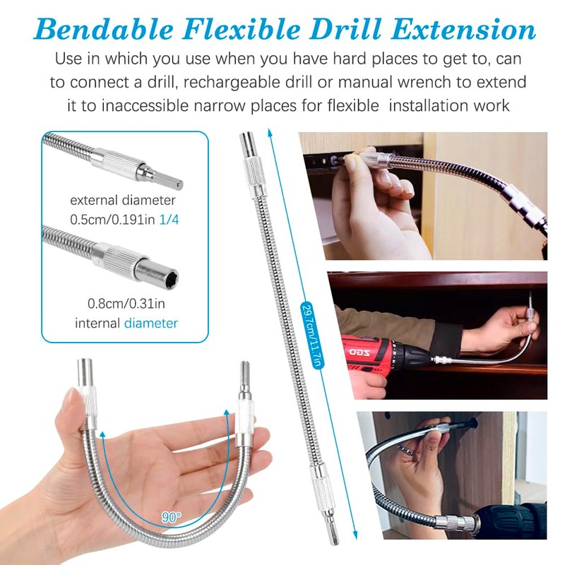 Flexible Drill Bit Extension and Right Angle Drill Attachment Set,
