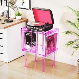 solaround Acrylic Record Player Stand, with Vinyl Storage, Clear Acrylic Side Table, Pink (Pink)