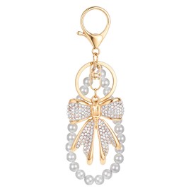 Xthrotsenk Gold Bow Keychain White Rhinestone Bowknot Keychain Imitation Pearl Chains Bow Purse Charm Aesthetic Keychain Cute Keychain for Key Purse Bags Handbags Backpacks