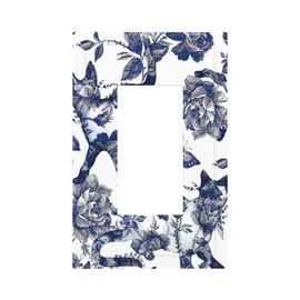 HIZUWKY Blue Cat 1 Gang Single Rocker Flower Light Switch Cover Butterfly Floral Wall Plate Decorative Vintage Socket Covers Electrical Outlets Faceplate for Bathroom Living Room