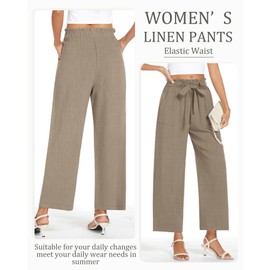 Neer Women's Linen Wide Leg Long Pants with Pocket Elastic Waist Straight Casual Pants Adjustable Tie Knot Loose Trousers(Khaki,X-Large)