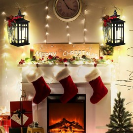 Metal Christmas Decorative Candle Lantern with Led Light,Red Plaid Ribbon,Lighted Hanging Vintage Lanterns for Home Decor Table Fireplace Porch Indoor Outdoor Decorations,Serpro