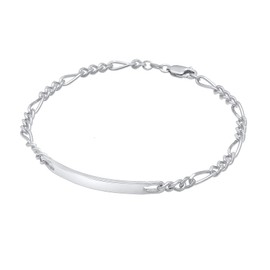 Kuzzoi Silver ID Bracelet for Men, Handmade Figaro Bracelet (4 mm) Made of Solid 925 Sterling Silver, Shiny Polished, Men's Bracelet with Engraving Plate and Carabiner, Shield Bracelet for Men,